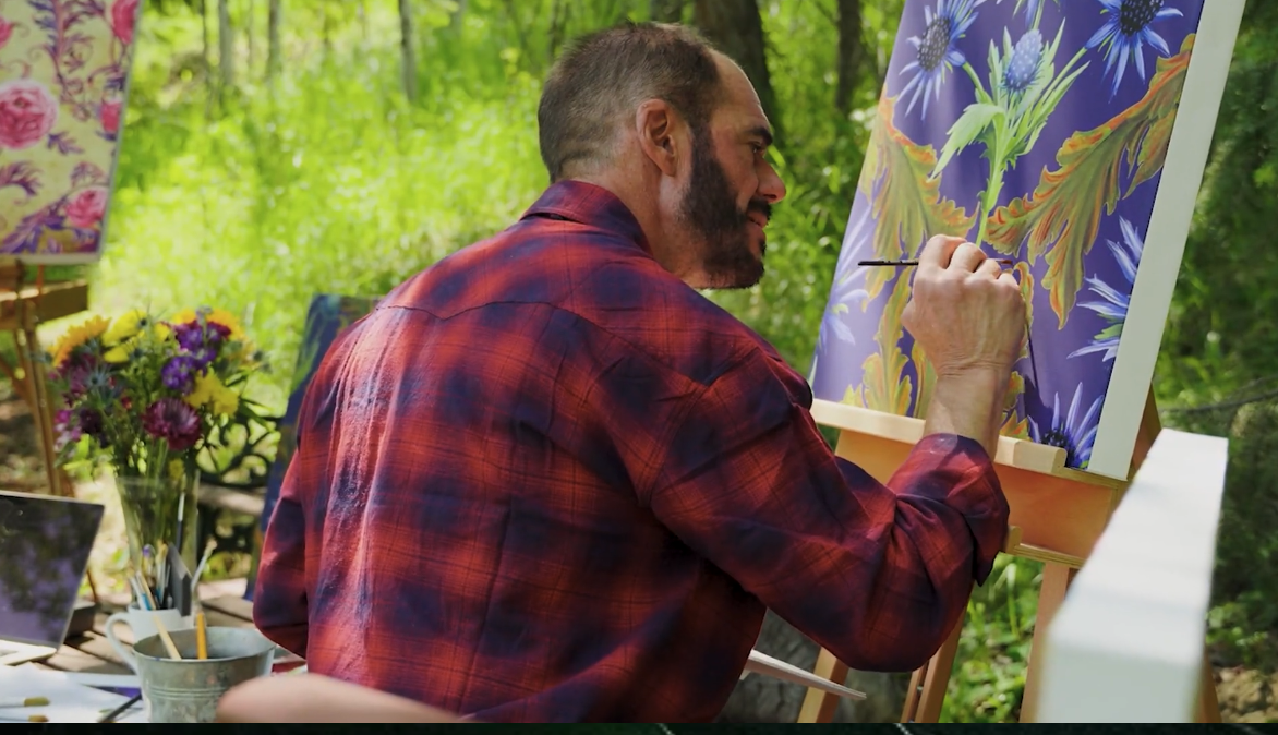 Ron Anthony Marchelletta painting a floral canvas en plein air in Morrison, Colorado